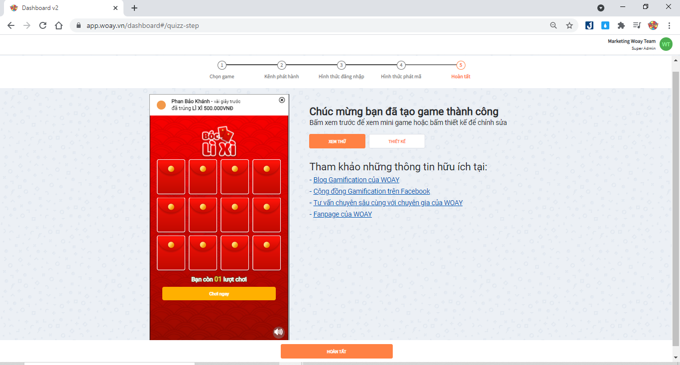 Hoàn thành tạo game trên nền tảng của WOay