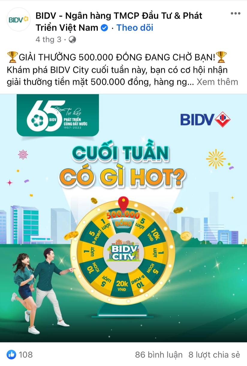 Bài viết trên fanpage của BIDV