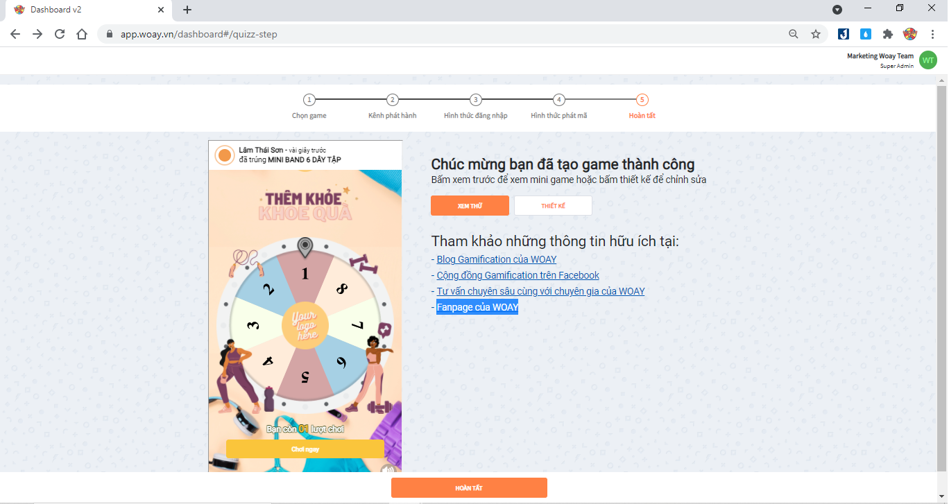 màn hình thông báo Tạo game thành công